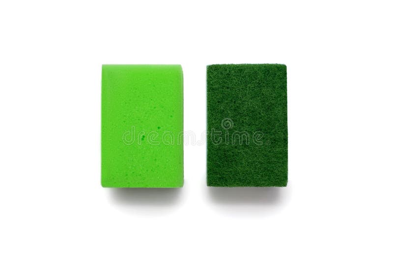 Two Green Kitchen Sponges with a Soft and Rough Texture on a White