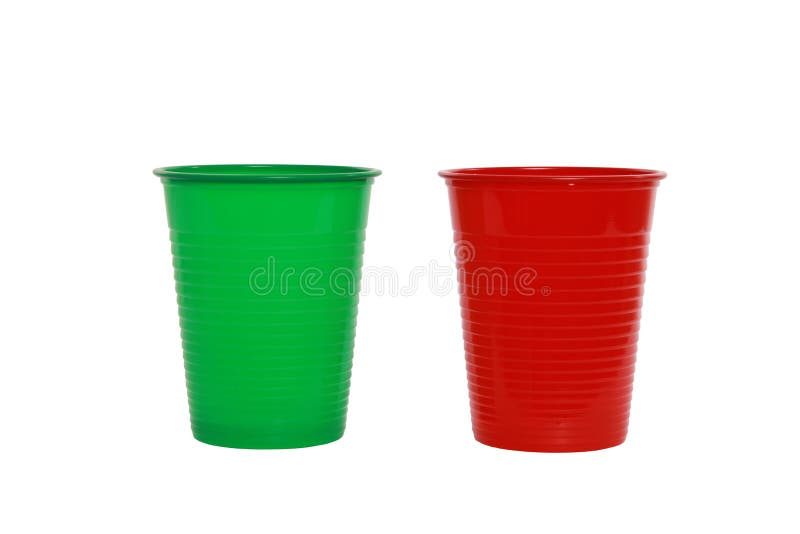 Green and red plastic cups isolated on a white background