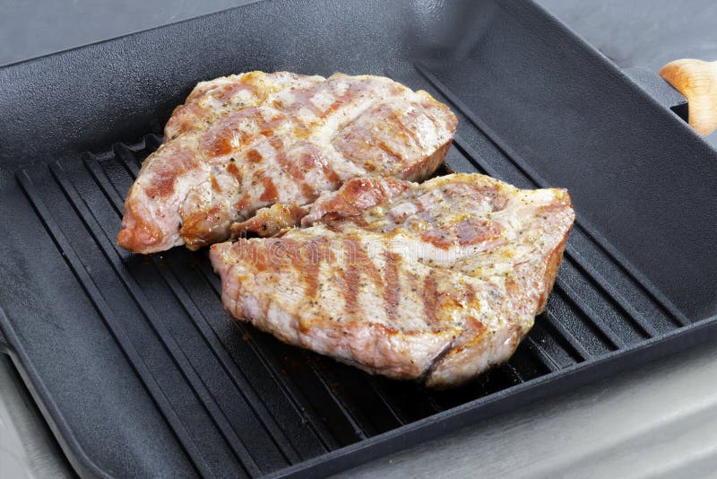 Two Grilled Beef Steaks on Grill Pan Stock Image Image of fresh, cooking 153913675