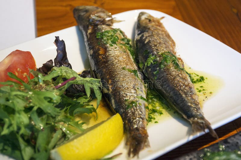 Two Grilled Fish on the Plate with Verdancy Stock Photo Image of food, dinner 81448752