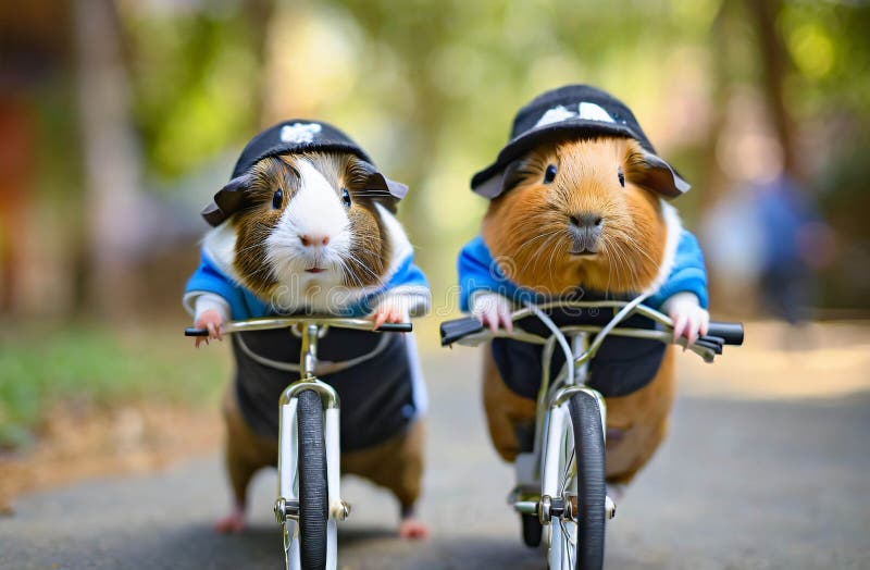 Two Guinea Pigs Riding Bicycle in Park .ai Generated Stock Illustration