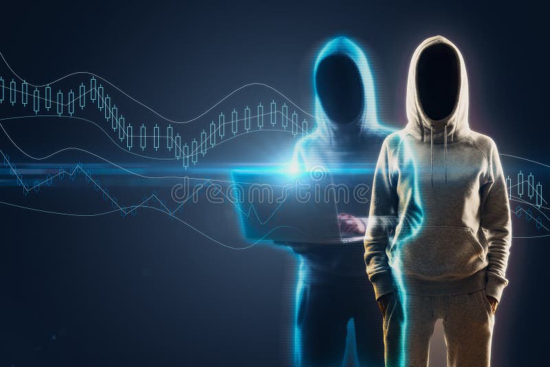 Two hacker with laptop and glowing forex chart interface vector illustration