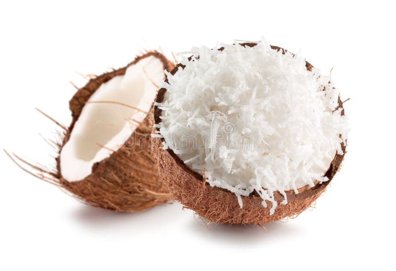 Coconuts with Coconut Flakes Isolated on a White Background Stock Image