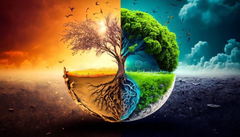 Two Halves of the Earth with Tree in the Middle. Generative AI Stock