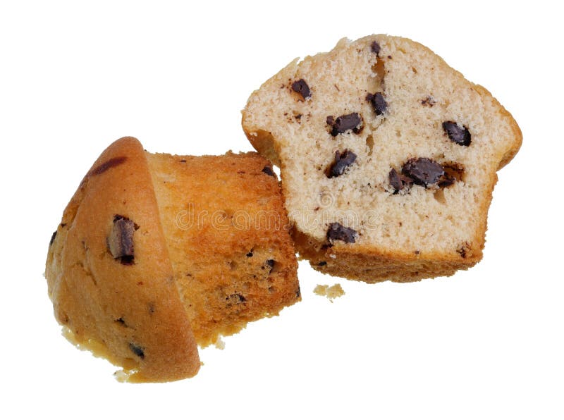 Two Halves of a Sponge Cake Muffin with Chocolate Pieces Isolated Stock