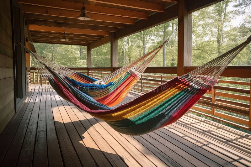 Two Hammocks, Each with Its Own Swing, Hanging Side by Side on a Wooden