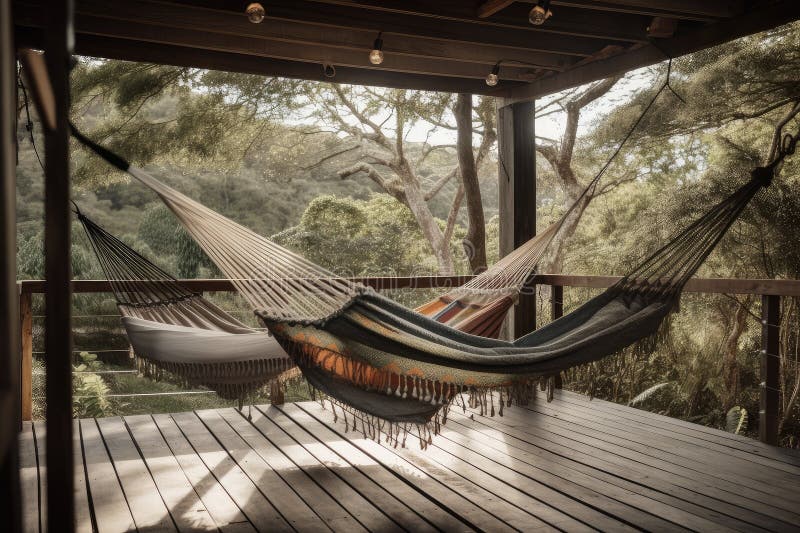 Two Hammocks, Each with Its Own Swing, Hanging Side by Side on a Wooden