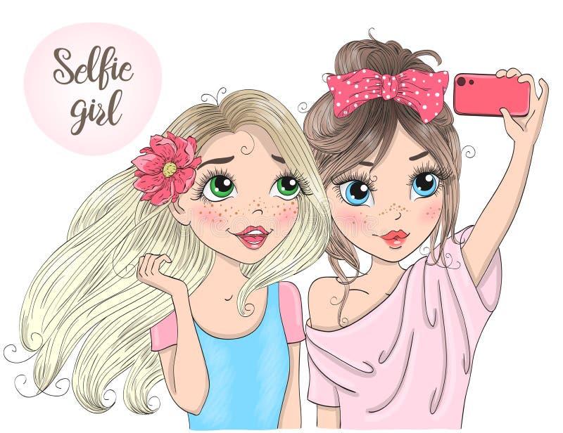 Two Hand Drawn Beautiful Cute Selfie Girls With Smart Phone. Vector  Illustration. Stock Vector - Illustration Of Cartoon, Birthday: 125910708