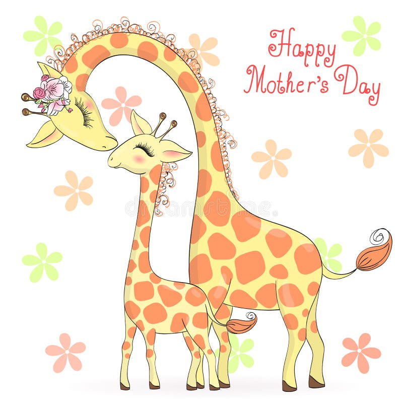 Two hand drawn cute giraffe girls. Happy Mothers Day.