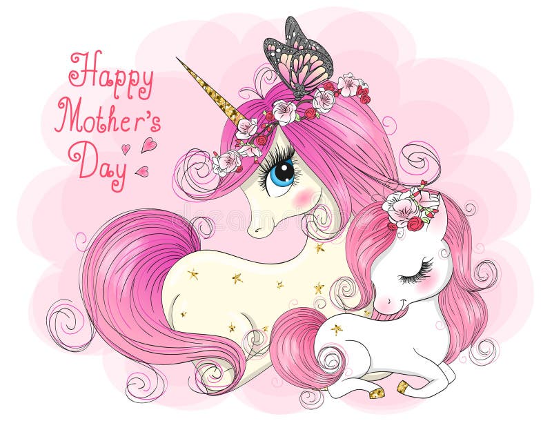 Two hand drawn cute mom and daughter unicorns girls. Happy Mothers Day.