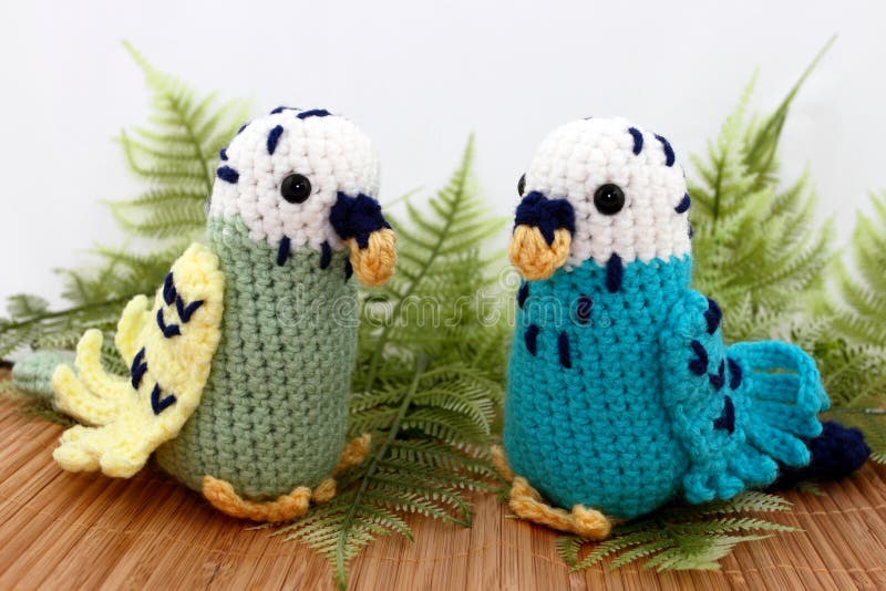 Two Handcrafted Toy Parakeet Birds