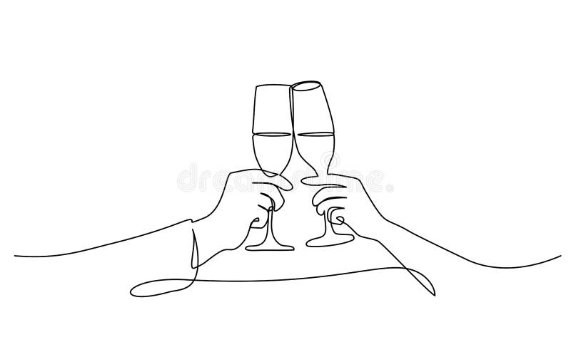 Hands Cheering With Glasses Of Champagne Continuous Line Vector Illustration Stock Illustration