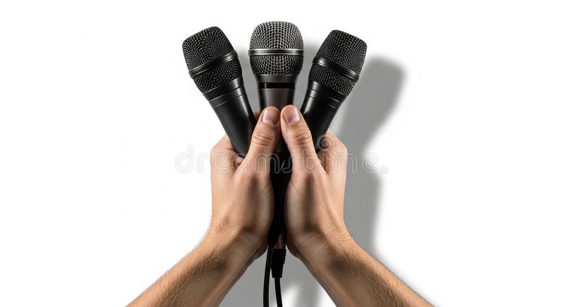 Hands holding three black and silver microphones with cables on a white background with shadow vector illustration