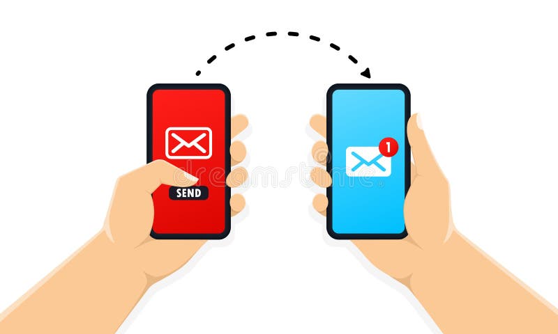 Two hands holding smartphone with new message notification on screen. Mobile phone alert about new email. Send message, news, sms stock illustration