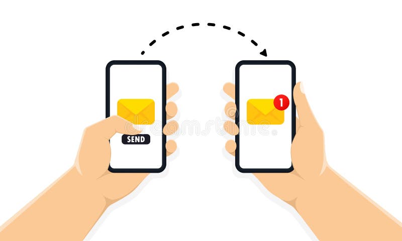 Two Hands holding smartphone with new message notification on screen. Notification of a mobile phone about a new letter. Sharing stock illustration