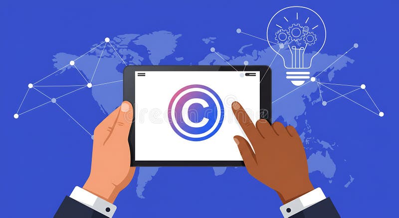 Two hands holding a tablet displaying a copyright symbol. Background features a royalty free illustration