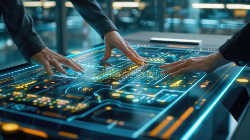 Two hands interact with a glowing digital interface table, navigating through data and information stock photos
