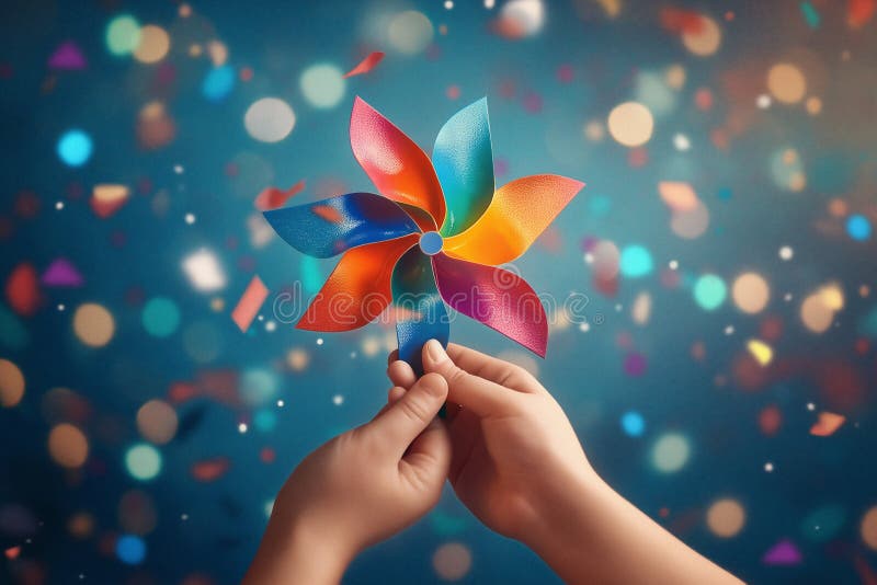 Hands offering a colorful pinwheel amidst a festive background filled with bokeh lights royalty free stock photo