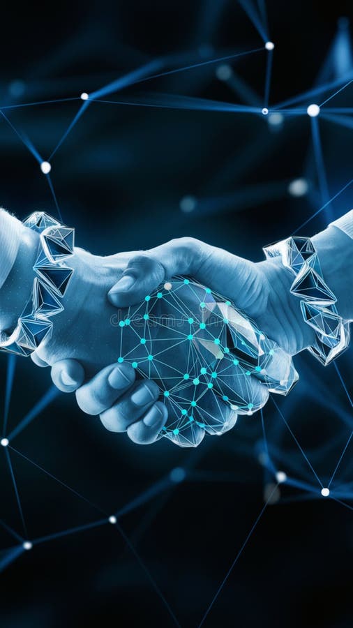 Two hands shaking, intertwined with a chain, symbolize digital or blockchain connections Vertical Mobile Wallpaper
