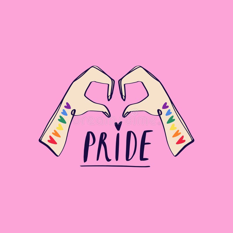 Two hands showing heart shape. LGBTQ related symbol in pink and rainbow colors. Gay Pride. Raibow community month. Love, freedom and support concept. Print for poster, cards, t-shirts and more. Vector illustration