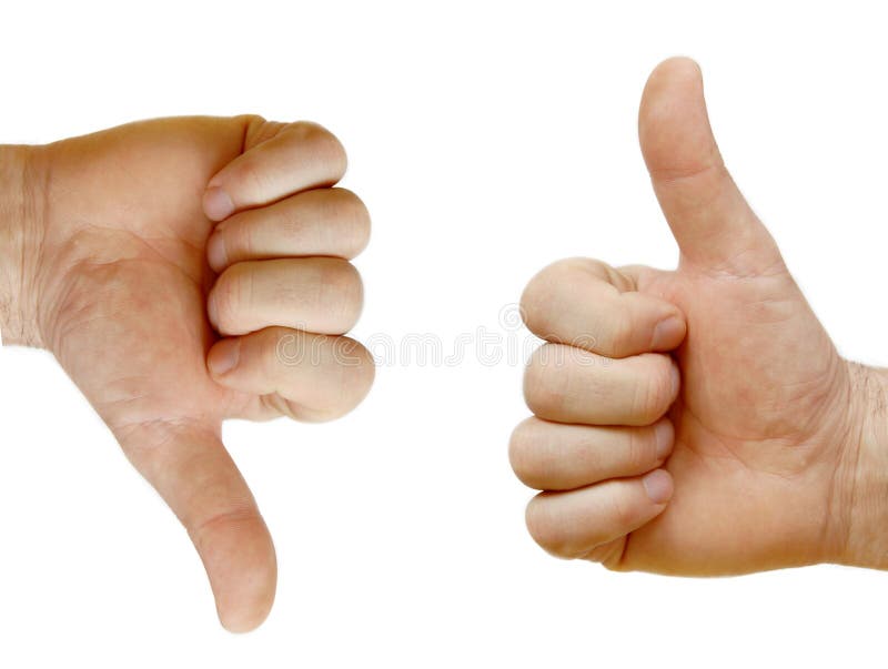 Two hands showing opposite signs isolated over white
