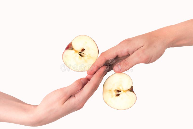 Two hands and two parts of apple