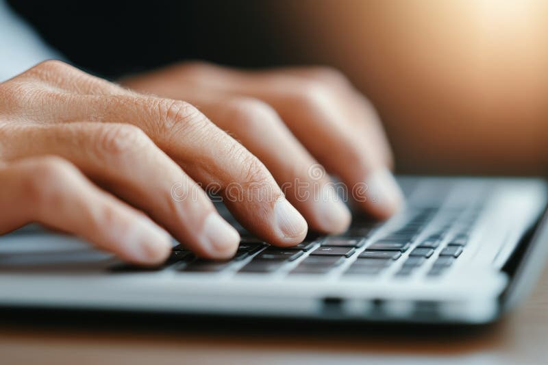 Hands engaged in typing on a laptop keyboard in a bright and focused work environment royalty free stock photo