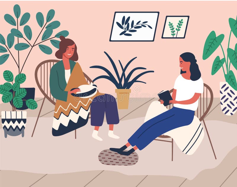 Two happy girl friend relax at home surrounded by houseplant vector flat illustration. Woman read book talking, smiling