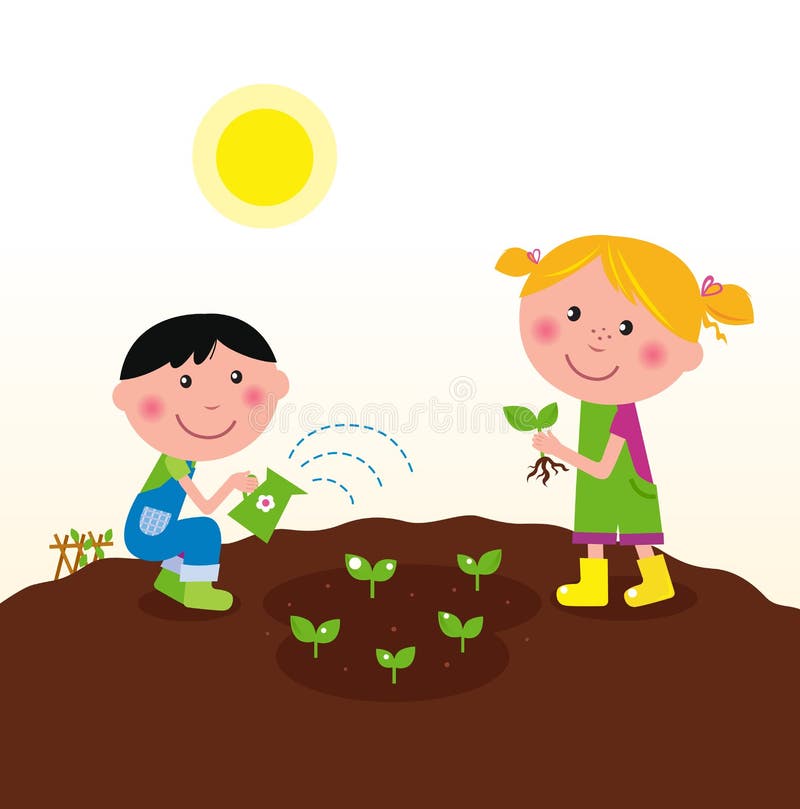 Two happy kids watering and planting plants