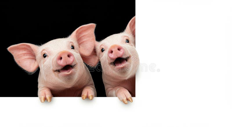 Two Happy Piglets Peeking Over a Wall Two adorable piglets with joyful expressions peek over a white wall against a black vector illustration