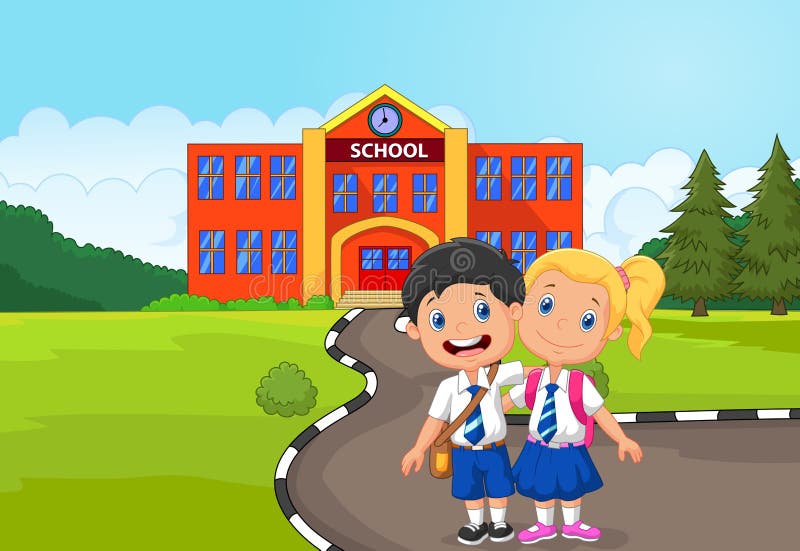 Illustration of Two happy students cartoon standing in front of school building