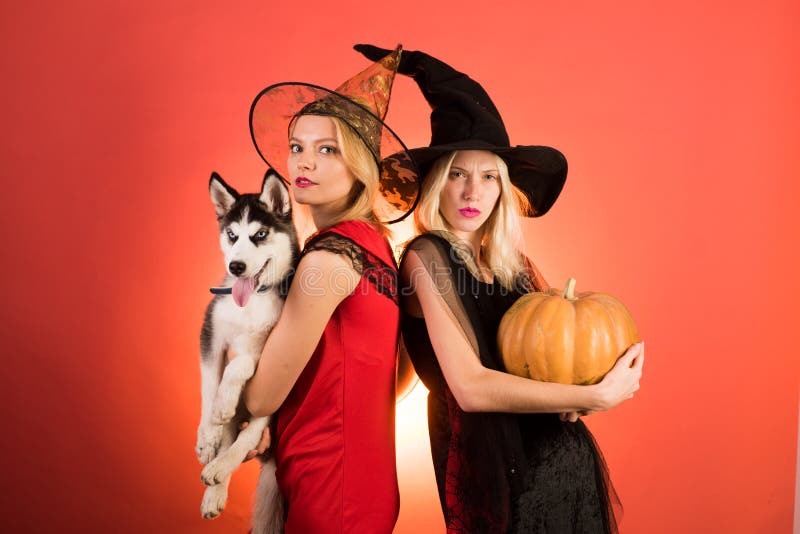 Two happy young women in black and red dresses, costumes witches halloween on party over orange background. Two royalty free stock photos Two happy young women in black and red dresses, costumes witches halloween on party over orange background. Two royalty free stock photos