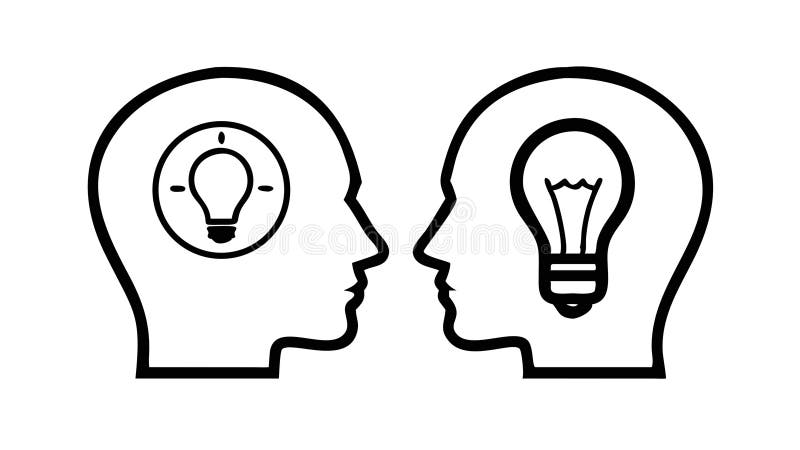 Two Heads, Two Lightbulbs. Brainstorming, Shared Ideas, or Collaboration, vector design Generative AI royalty free illustration