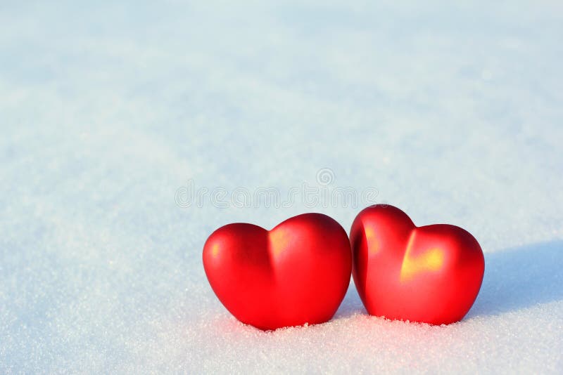 Two Hearts in the Snow. Love, Valentine`s Day