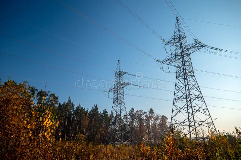 Two high voltage power lines on a background of a forest royalty free stock image