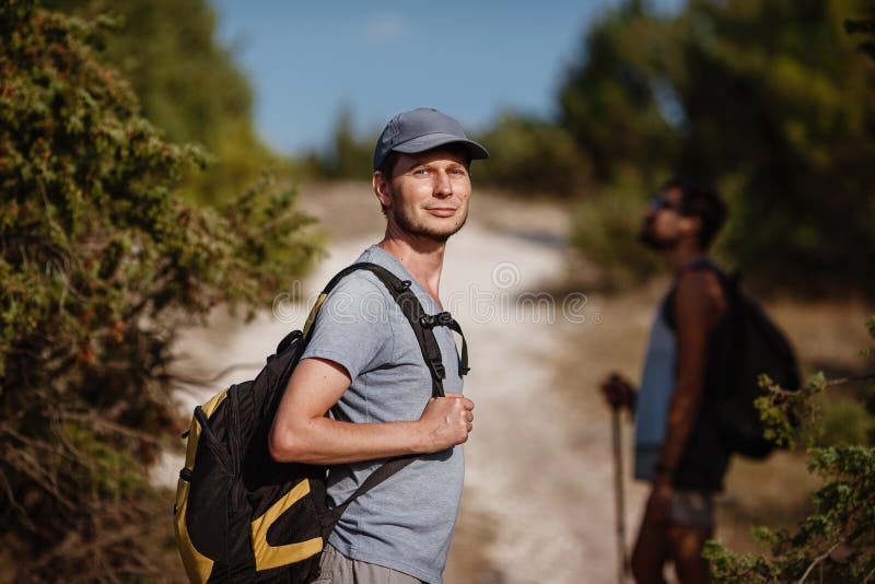 Two Hikers Men Walk on Trek in Mountain. Trekking in Mountains Stock ...