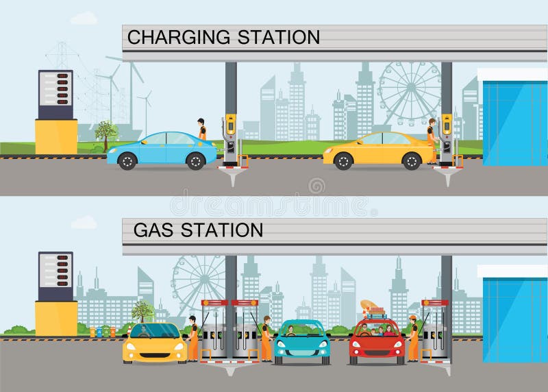 Dve horizontálne nabíjanie stanica a benzín a olej stanica alebo plyn náplň stanica, energia koncepčný vektor byt ilustrácie.