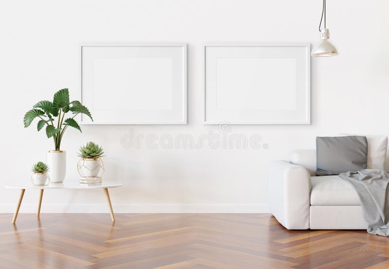 Two Horizotnal Frames Hanging in Modern Living Room Mockup 3D Rendering