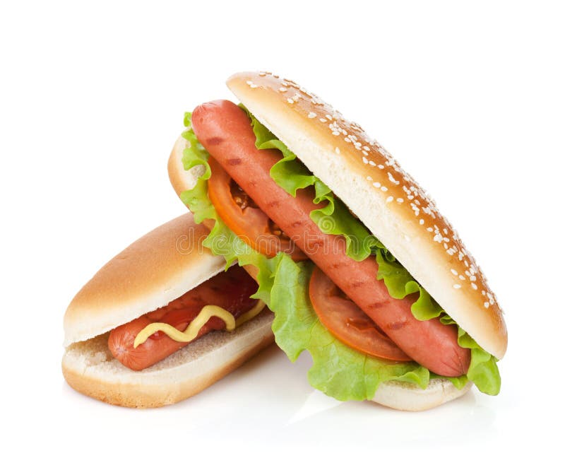 Two hot dogs with various ingredients royalty free stock photography Two hot dogs with various ingredients royalty free stock photography