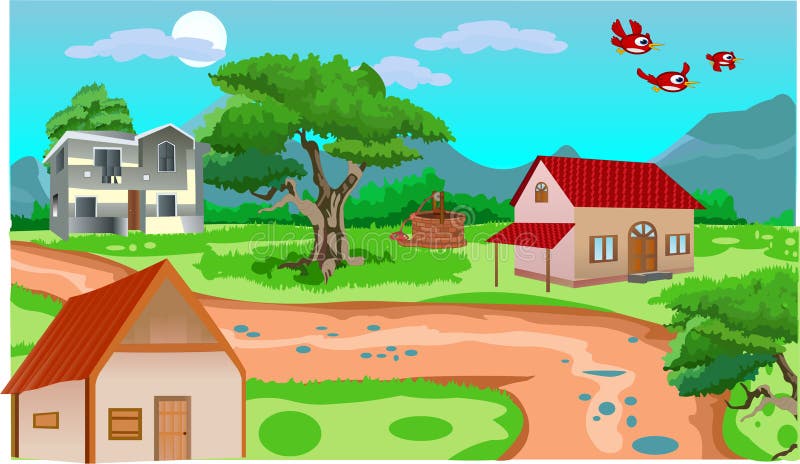 Two Houses Village Cartoon Background Vector Artwork Stock Vector -  Illustration of play, tree: 224977078