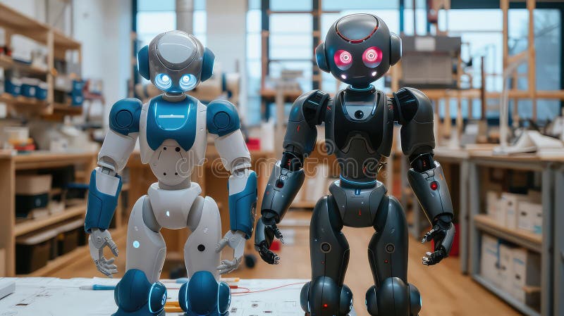 Two humanoid robots in a robotics lab workshop generated with AI royalty free illustration
