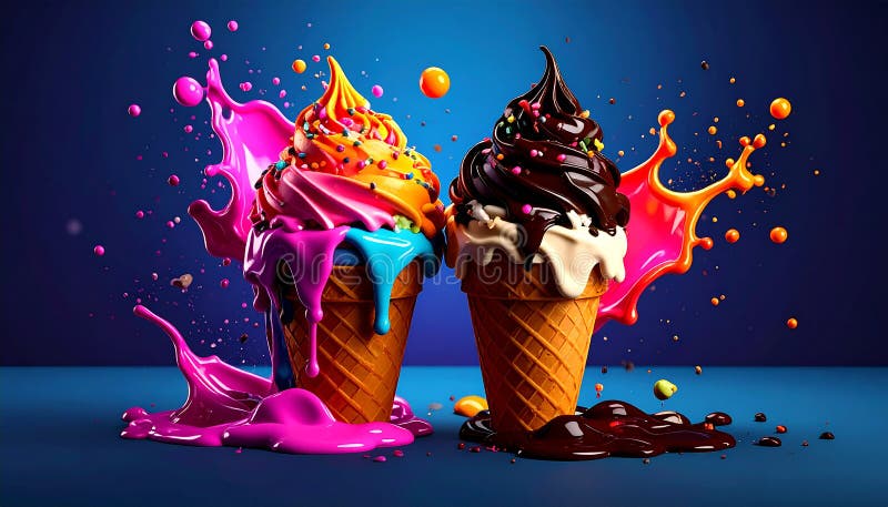 Two ice cream cones feature vibrant, swirling scoops with playful splashes of color. vector illustration