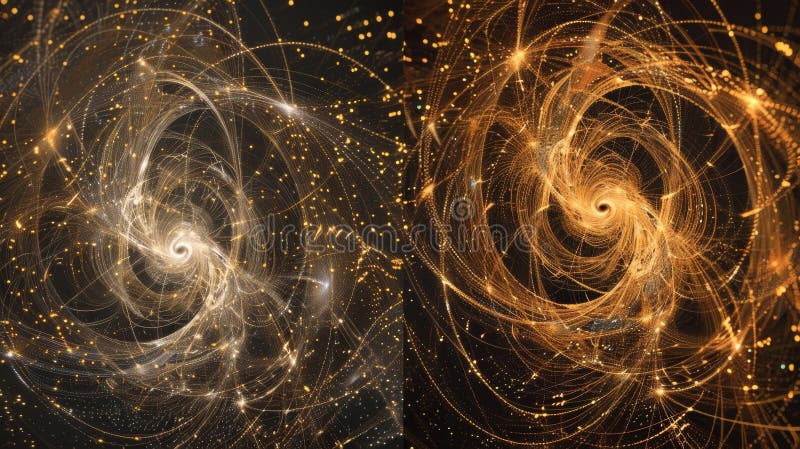 Two images of particle trajectories one moving forwards in time and the other moving backwards displaying the symmetry stock image