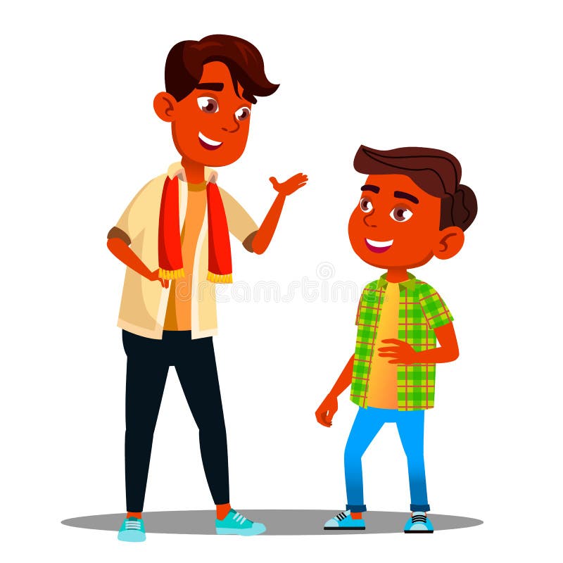 Two Indian Boys Talking To Each Other Vector. Isolated Illustration