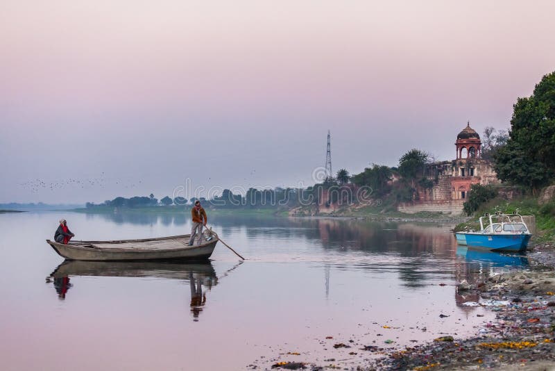 old boat man at yamuna river, yamuna ghat, delhi stock