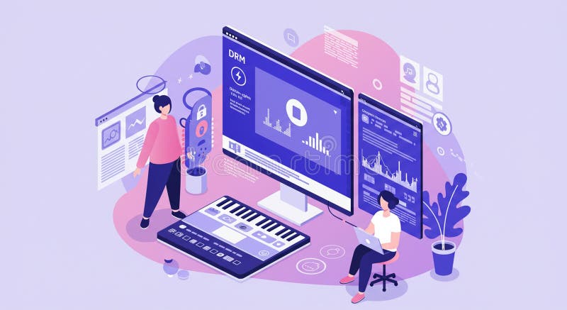 Two individuals engage in a digital workspace, emphasizing data and music. A large vector illustration