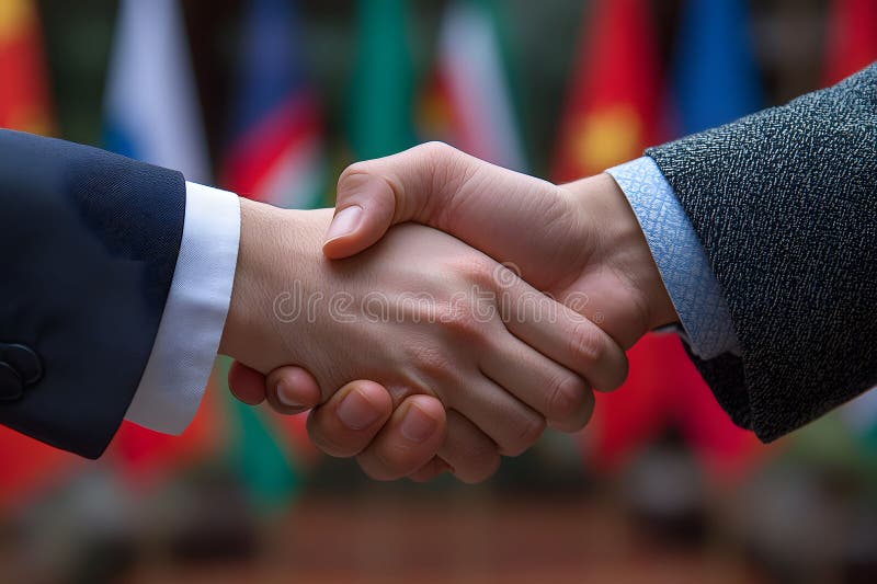 International Business Partnership: Handshake Against Global Flags Backdrop Generative AI vector illustration
