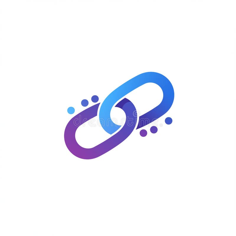 Two interlocking chain links are shown in a gradient of purple and blue. Small dots in royalty free illustration