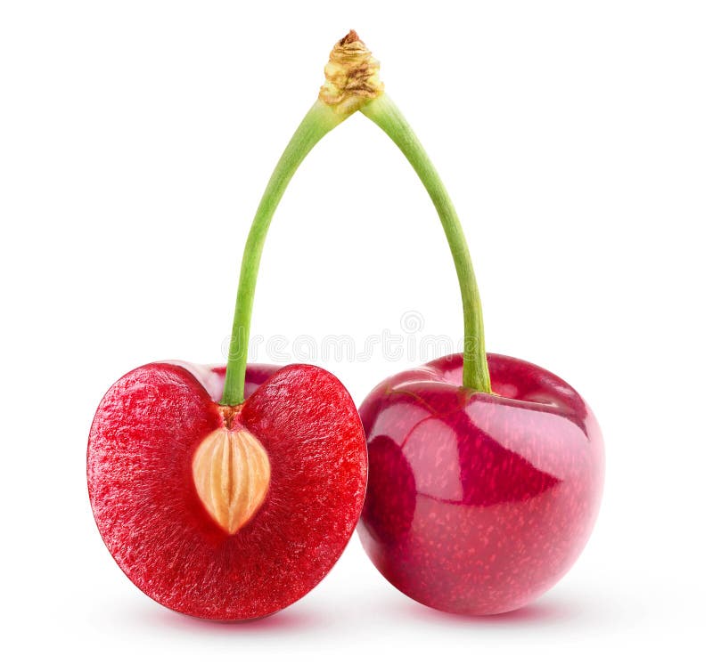 Two isolated cherries, one cut in half