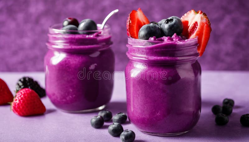 Two jars of purple yogurt with berries on top, Two jars of purple yogurt with berries on top